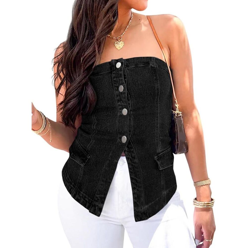 Brand New Cicy Bell Strapless Denim Vest Y2K Button-Down Tube Top